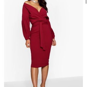 boohoo Off the Shoulder Wrap Midi Dress in Berry Color